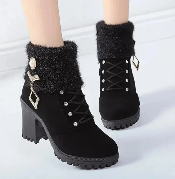 2024 Women's Waterproof Snow Boots – Warm Fur, Thick Heel, Round Toe Winter Outdoor Short Boots