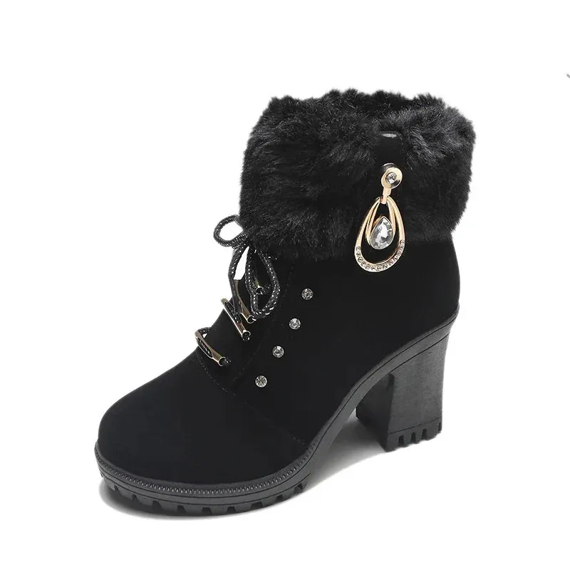 2024 Women's Waterproof Snow Boots – Warm Fur, Thick Heel, Round Toe Winter Outdoor Short Boots