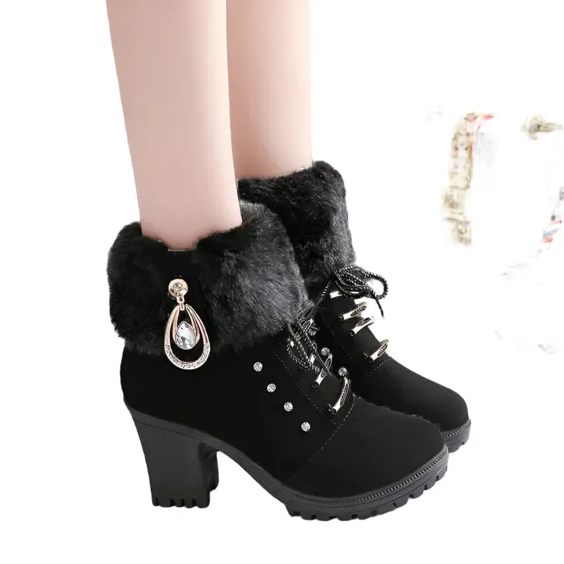 2024 Women's Waterproof Snow Boots – Warm Fur, Thick Heel, Round Toe Winter Outdoor Short Boots