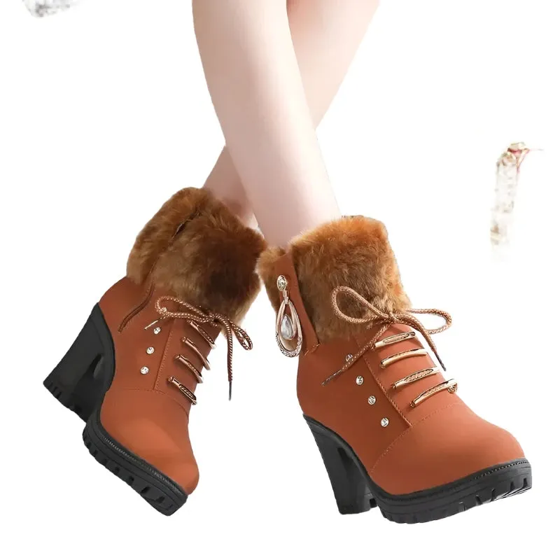 2024 Women's Waterproof Snow Boots – Warm Fur, Thick Heel, Round Toe Winter Outdoor Short Boots