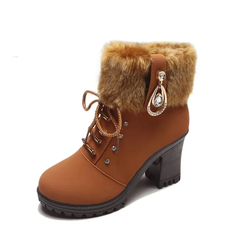 2024 Women's Waterproof Snow Boots – Warm Fur, Thick Heel, Round Toe Winter Outdoor Short Boots