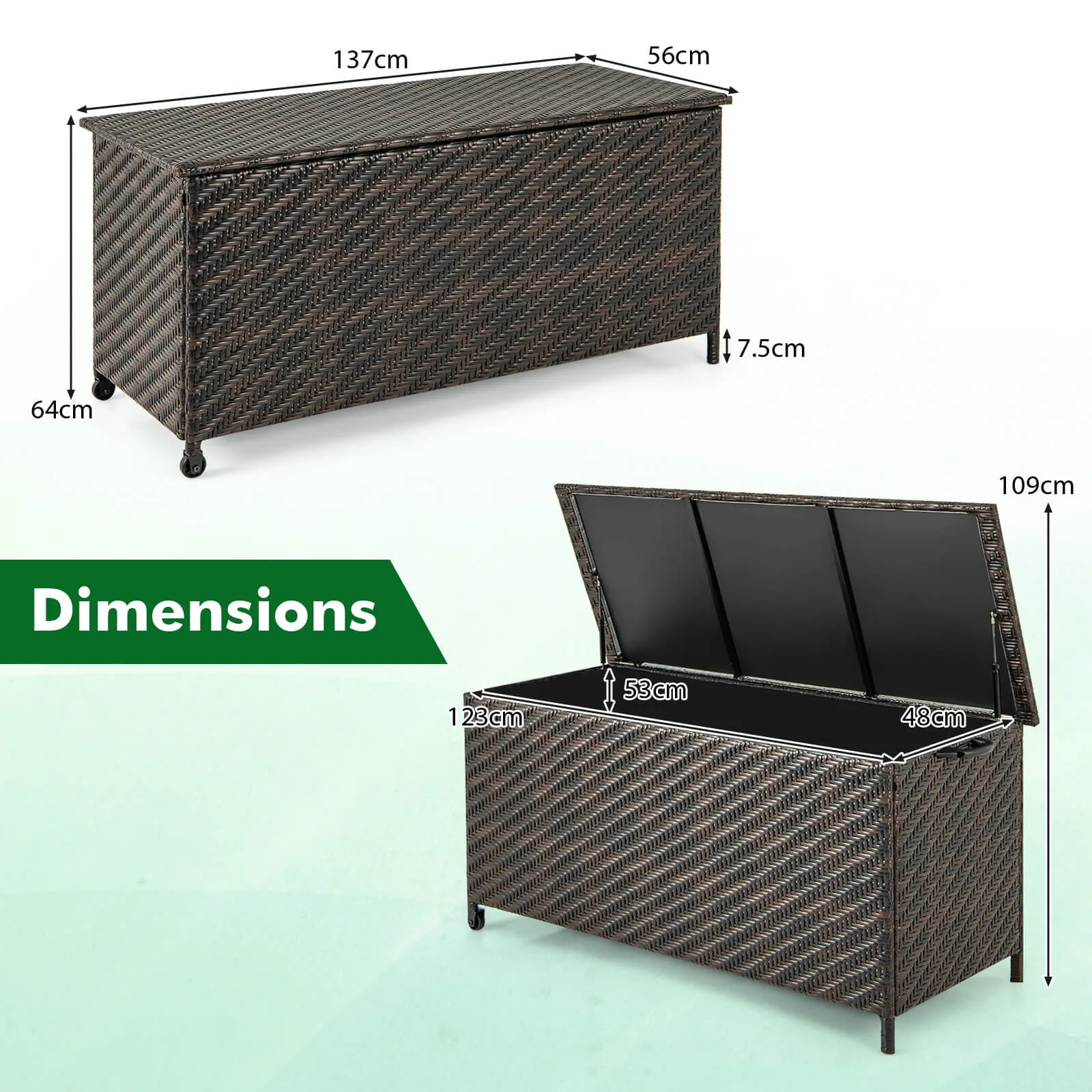 320L Tightly-Woven Rattan Deck Box with Polyester Liner and Wheels-Brown