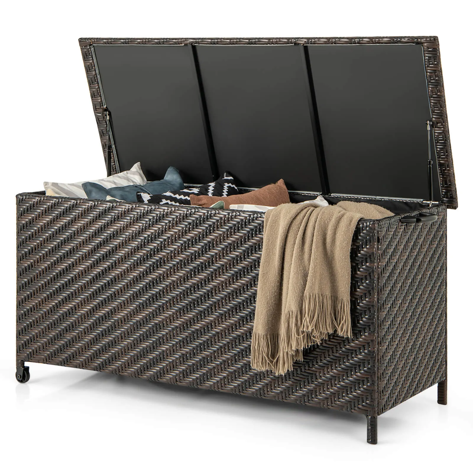 320L Tightly-Woven Rattan Deck Box with Polyester Liner and Wheels-Brown