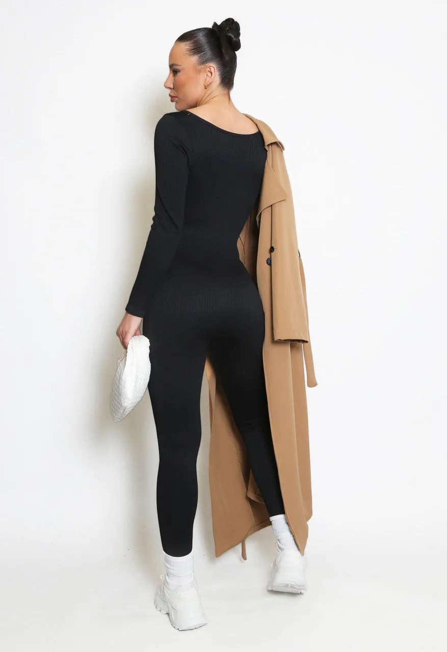 Black Long Sleeve Ribbed Unitard