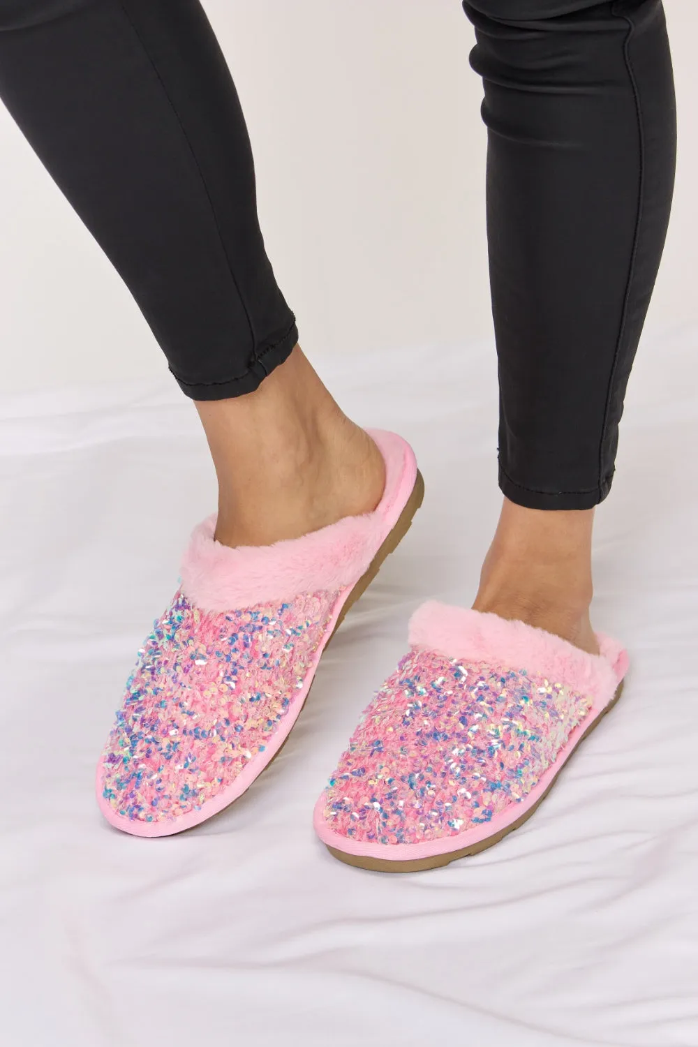 Blue Zone Planet |  Forever Link Sequin Plush Round Toe Slippers