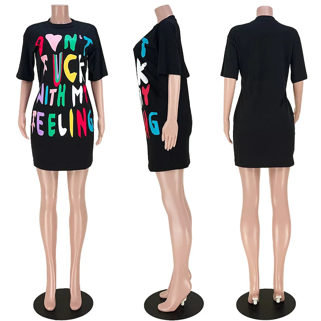 Fashion multicolor contrast letter T-shirt dress AY1909