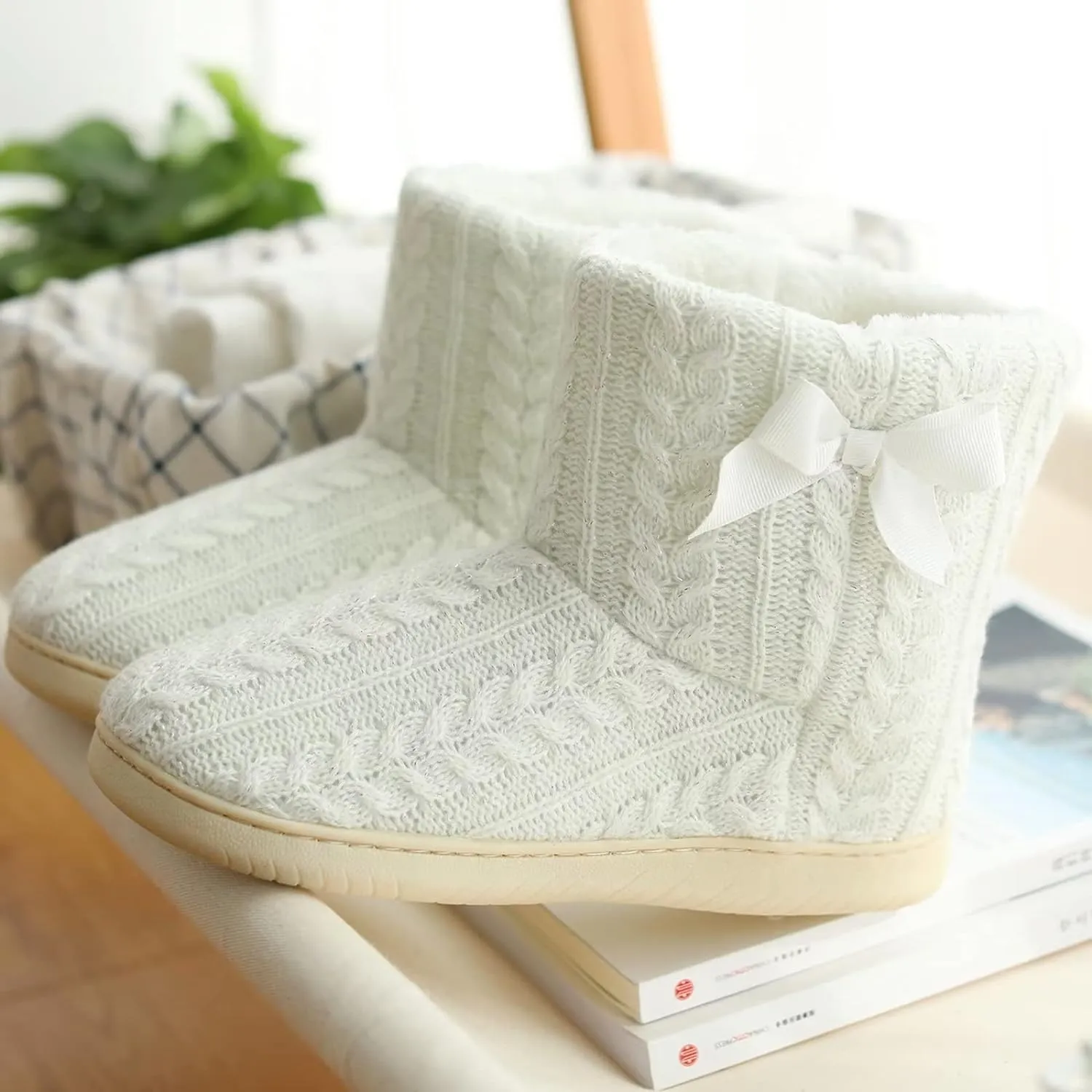 Memory Foam White Plush Knit Furry Bootie Slippers