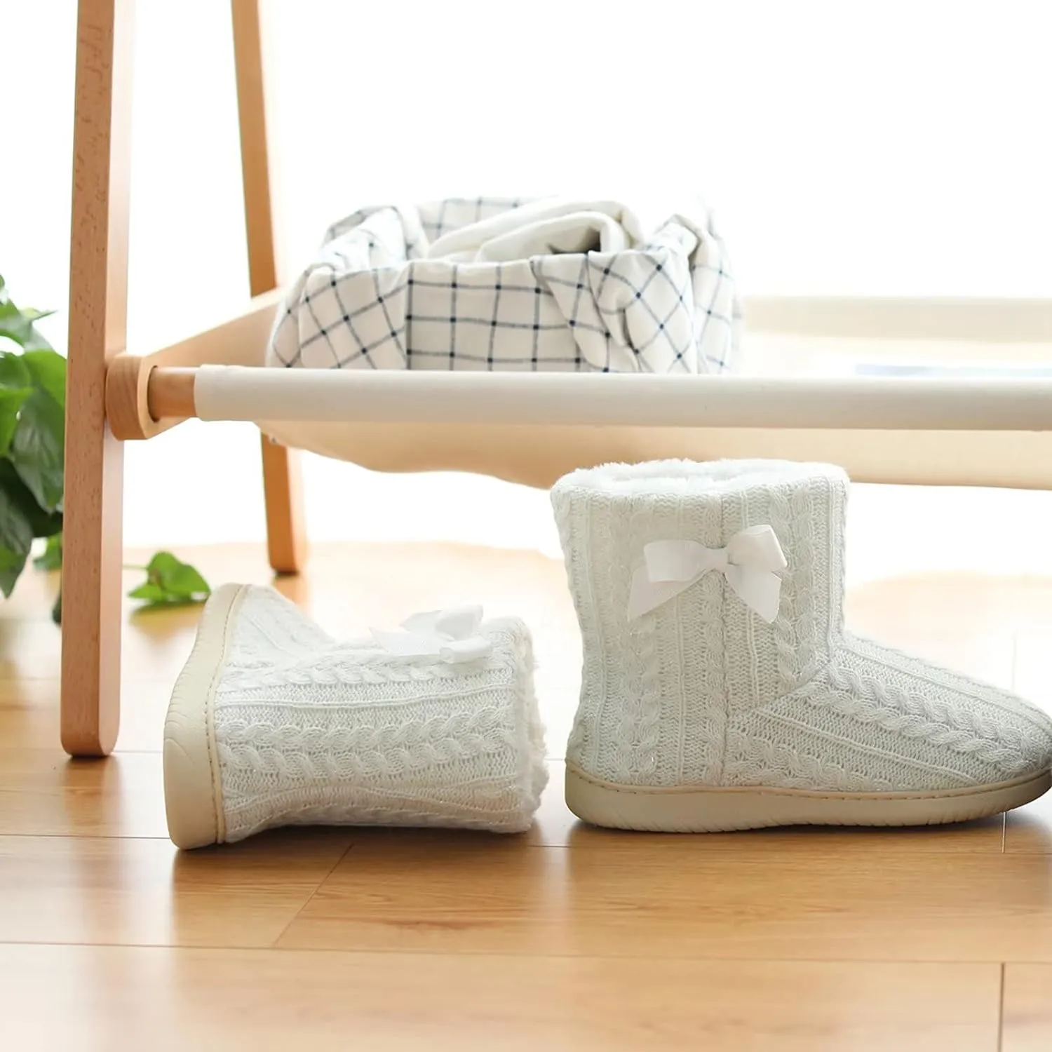 Memory Foam White Plush Knit Furry Bootie Slippers