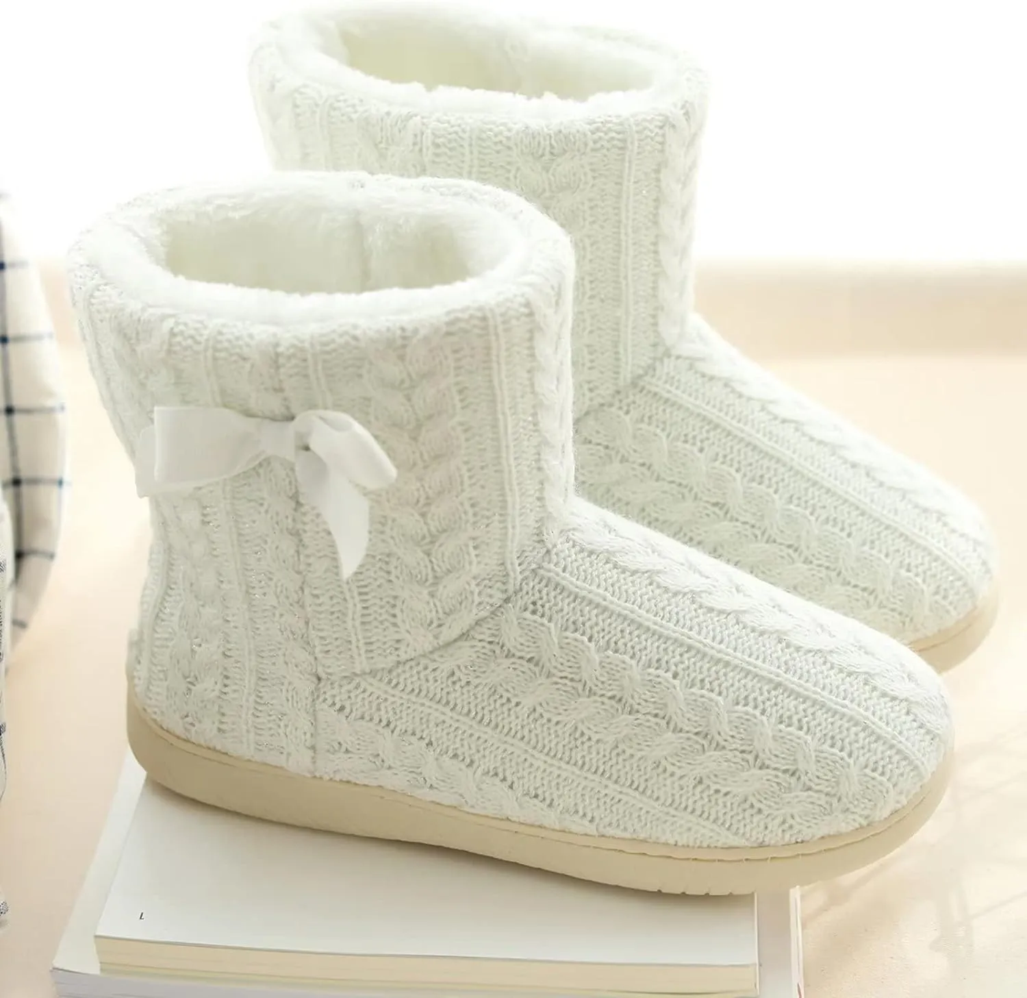 Memory Foam White Plush Knit Furry Bootie Slippers