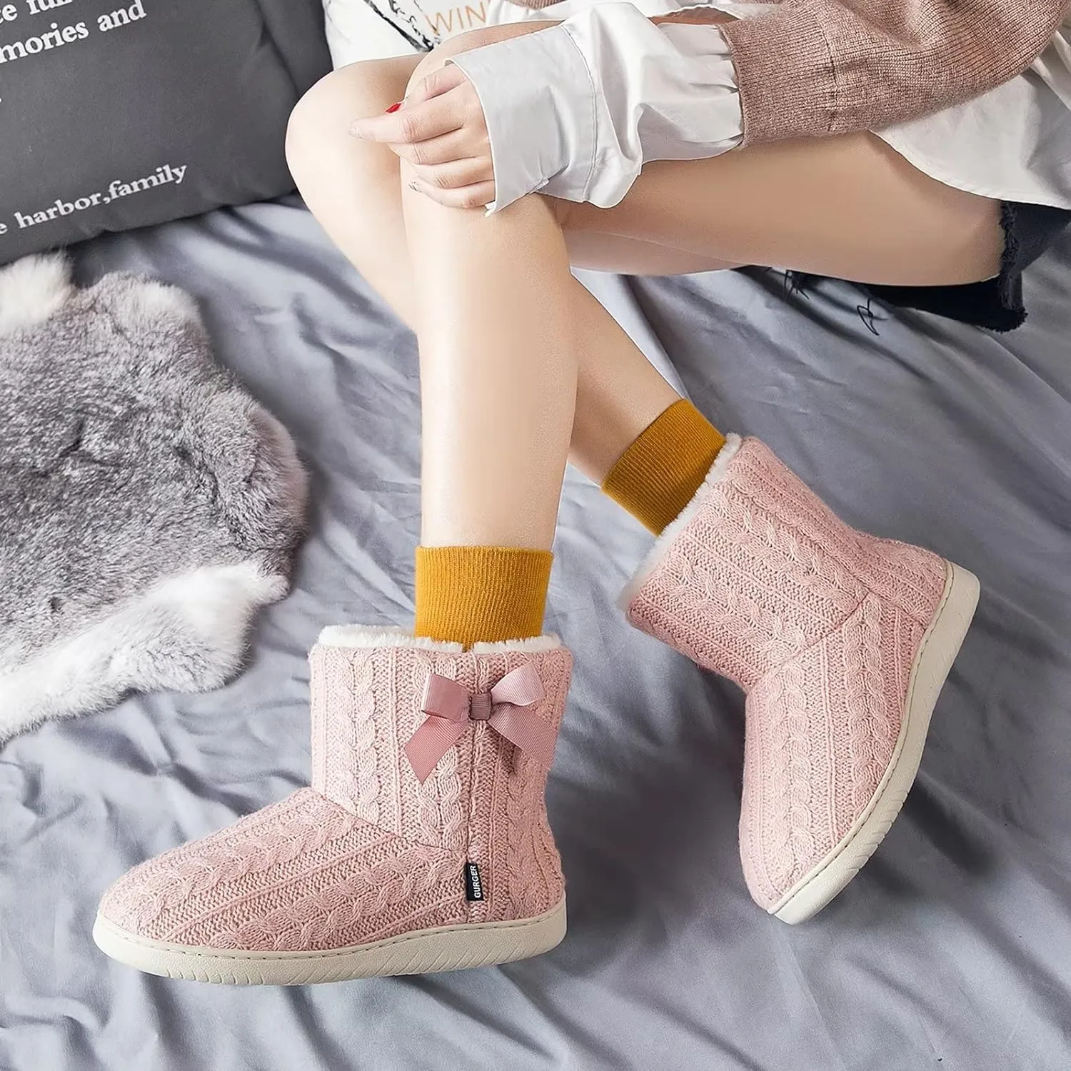 Memory Foam White Plush Knit Furry Bootie Slippers