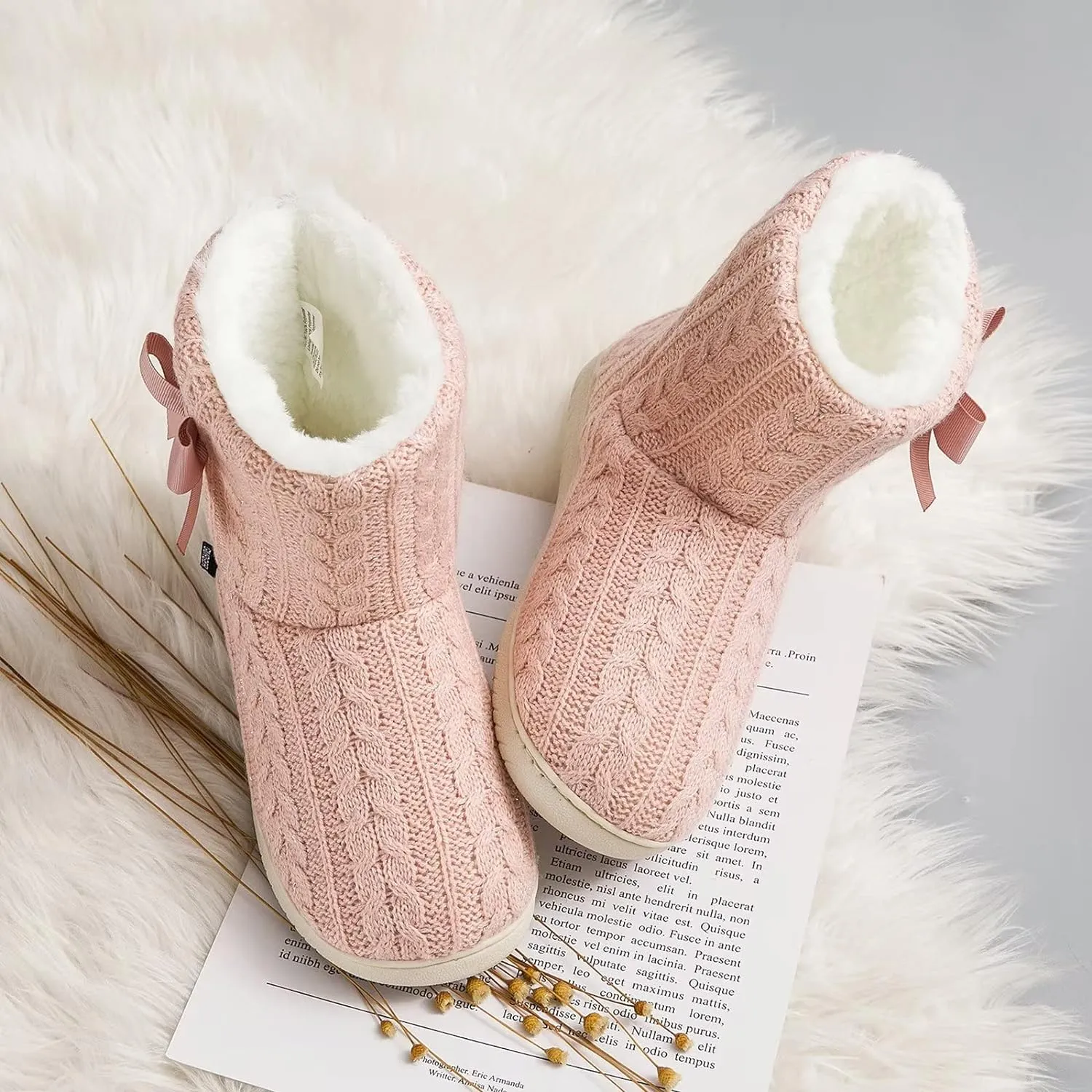 Memory Foam White Plush Knit Furry Bootie Slippers