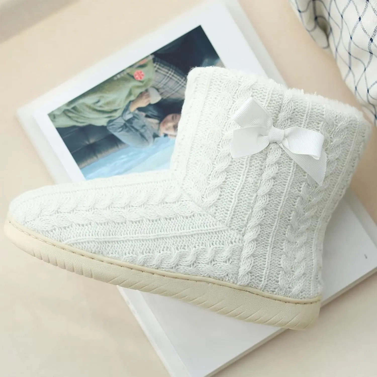 Memory Foam White Plush Knit Furry Bootie Slippers