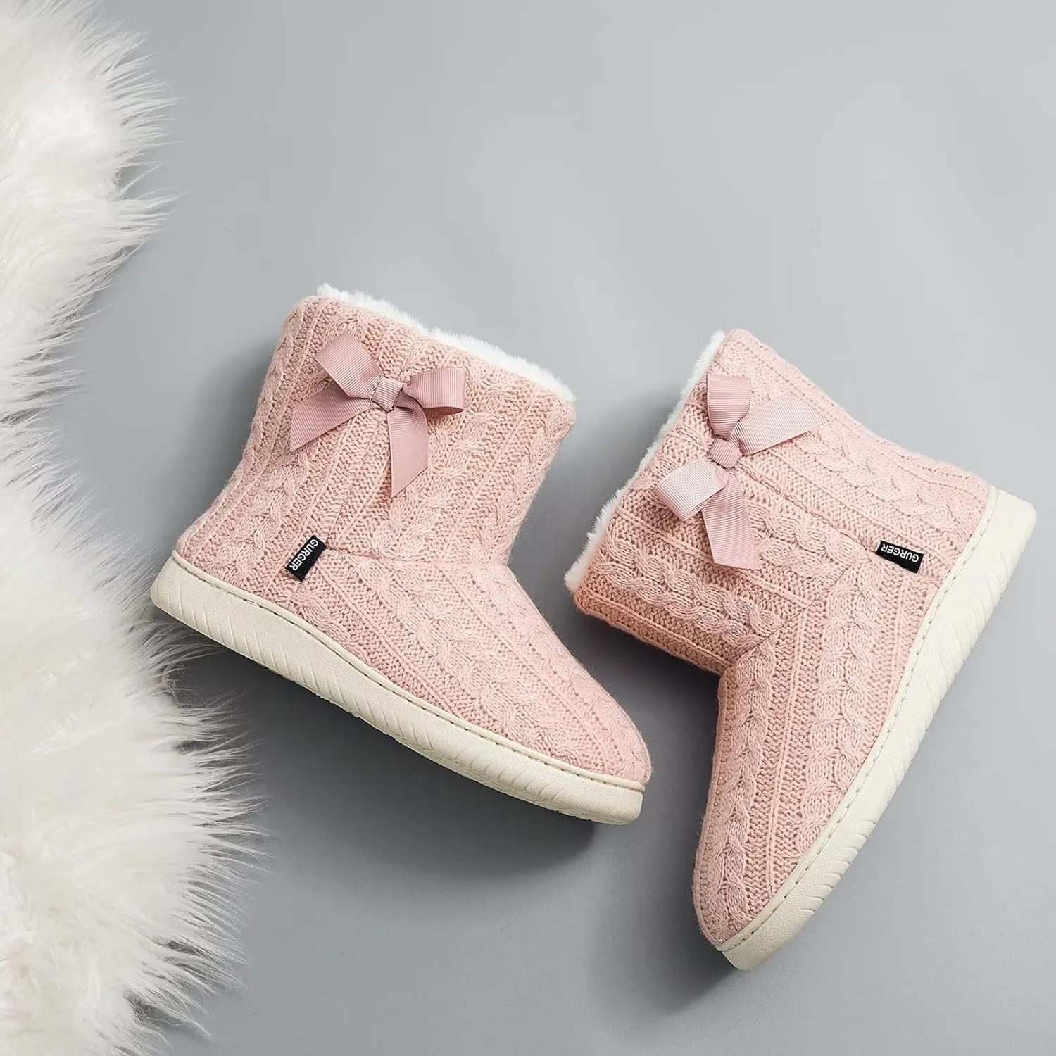 Memory Foam White Plush Knit Furry Bootie Slippers