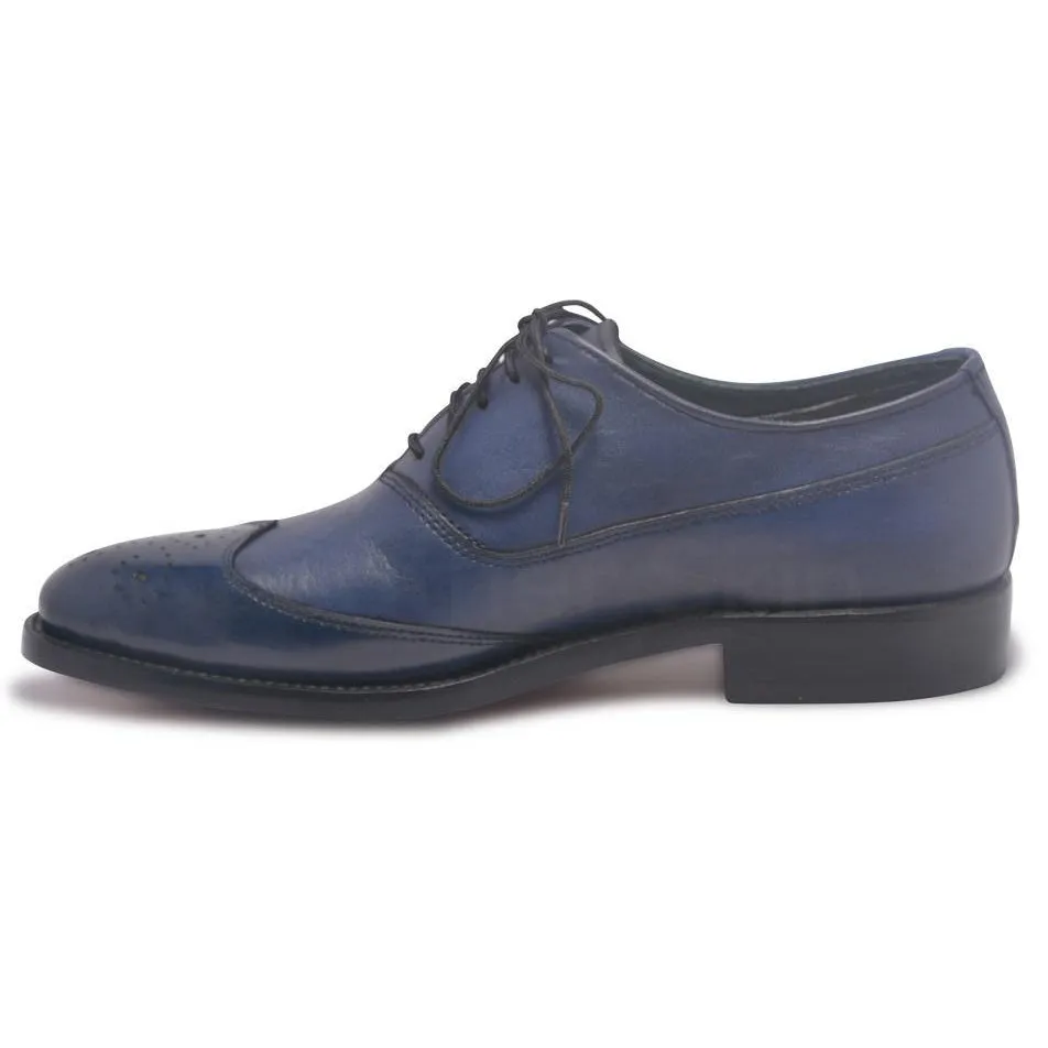 Men Oxford Blue Two-Tone Leather Shoes with Brogue Wingtip