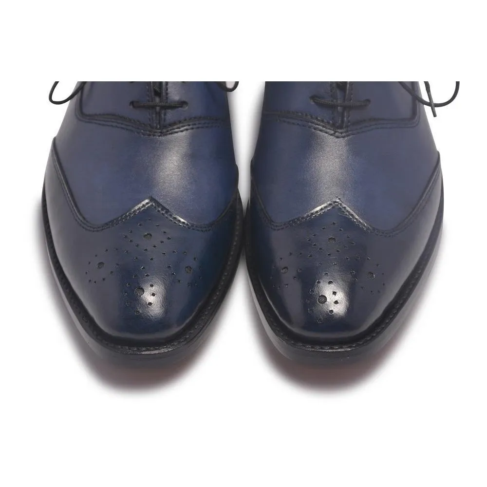 Men Oxford Blue Two-Tone Leather Shoes with Brogue Wingtip
