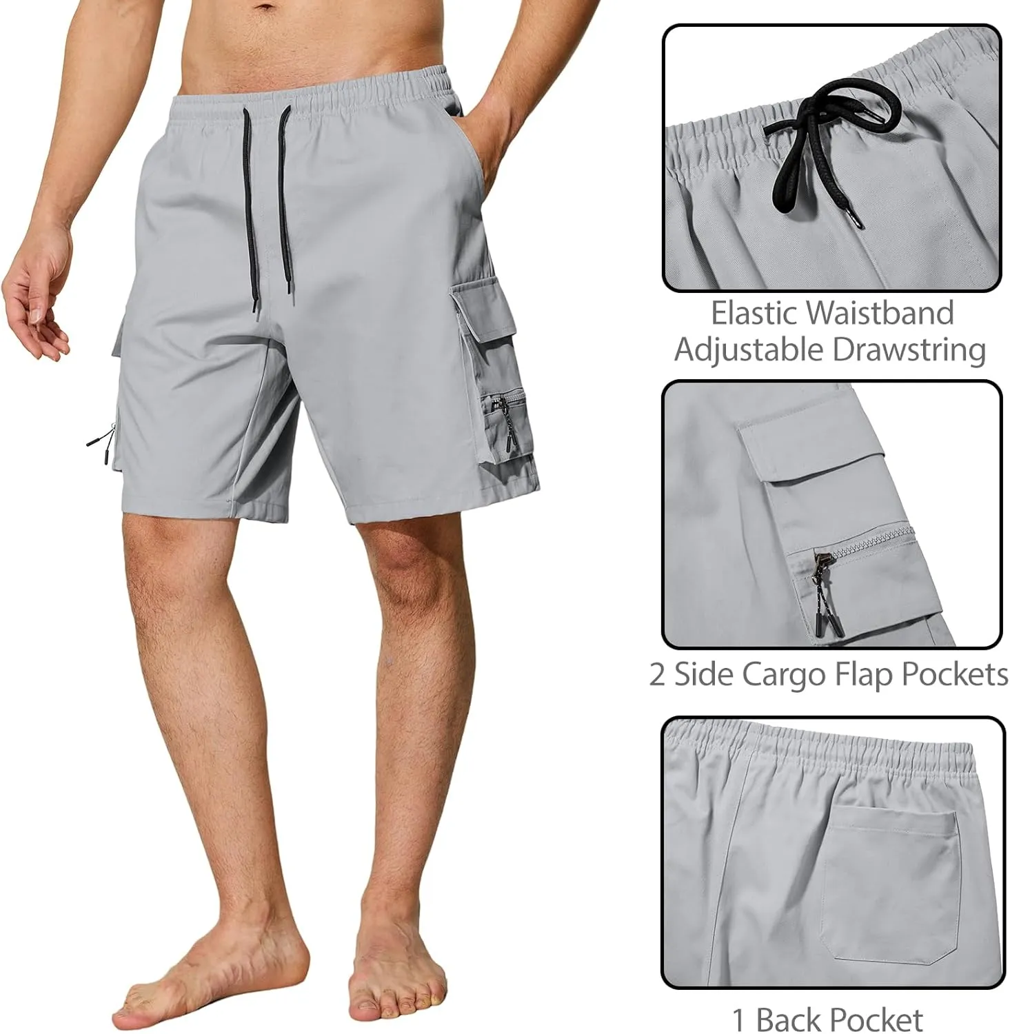 Men's Casual Cargo Shorts Drawstring Elastic Waist Summer Classic Outdoor Stretch Work Shorts with 5 Pockets