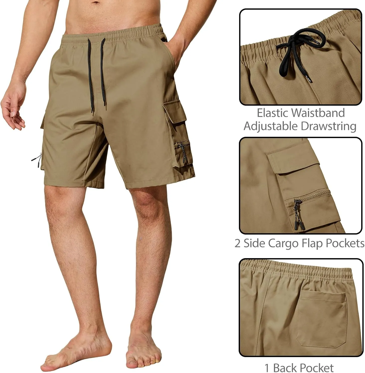 Men's Casual Cargo Shorts Drawstring Elastic Waist Summer Classic Outdoor Stretch Work Shorts with 5 Pockets