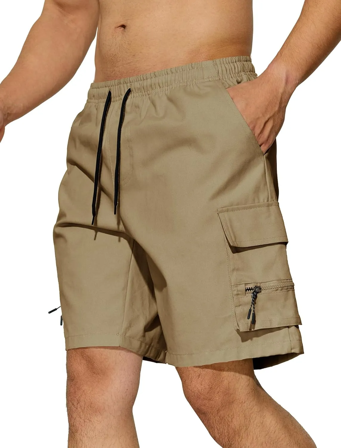 Men's Casual Cargo Shorts Drawstring Elastic Waist Summer Classic Outdoor Stretch Work Shorts with 5 Pockets